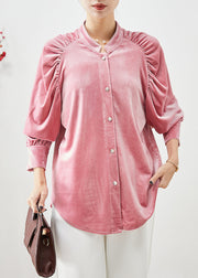 Modern Pink Oversized Wrinkled Silk Velour Shirt Fall