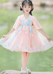 Modern Pink Patchwork Tie Waist Floral Tulle Girls Mid Dresses Short Sleeve