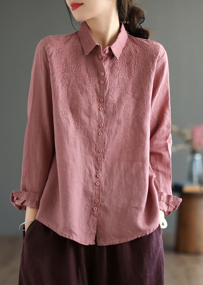 Modern Pink Peter Pan Collar Embroideried Linen Shirts Spring