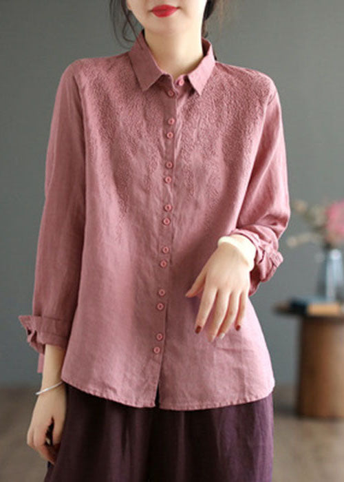 Modern Pink Peter Pan Collar Embroideried Linen Shirts Spring