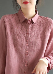 Modern Pink Peter Pan Collar Embroideried Linen Shirts Spring