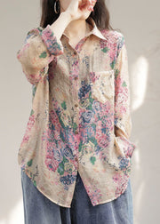 Modern Pink Peter Pan Collar Print Patchwork Linen Shirts Long Sleeve