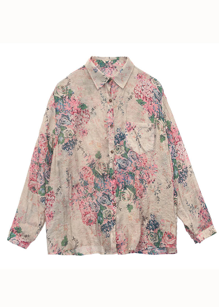 Modern Pink Peter Pan Collar Print Patchwork Linen Shirts Long Sleeve