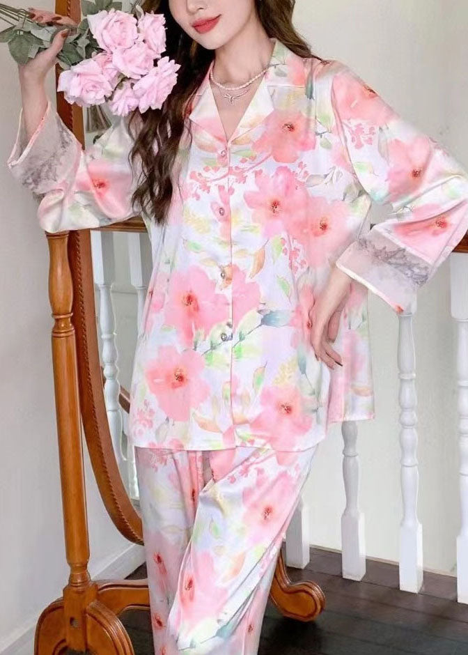 Modern Pink Print Peter Pan Collar Patchwork Ice Silk Pajamas Two Pieces Set Spring