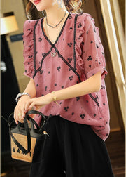 Modern Pink Purple Ruffled Print Cotton Shirt Summer