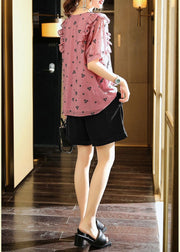 Modern Pink Purple Ruffled Print Cotton Shirt Summer