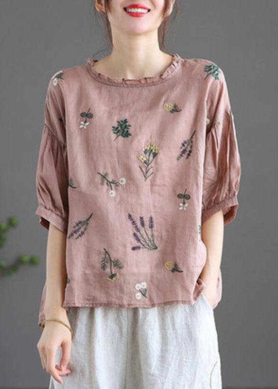 Modern Pink Regular Embroideried Summer Floral Half Sleeve - bagstylebliss