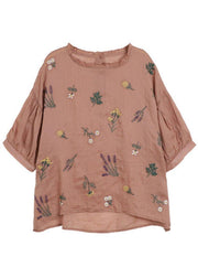Modern Pink Regular Embroideried Summer Floral Half Sleeve - bagstylebliss
