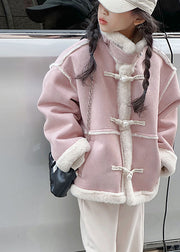 Modern Pink Stand Collar Patchwork Button Warm Fleece Kids Coats Winter