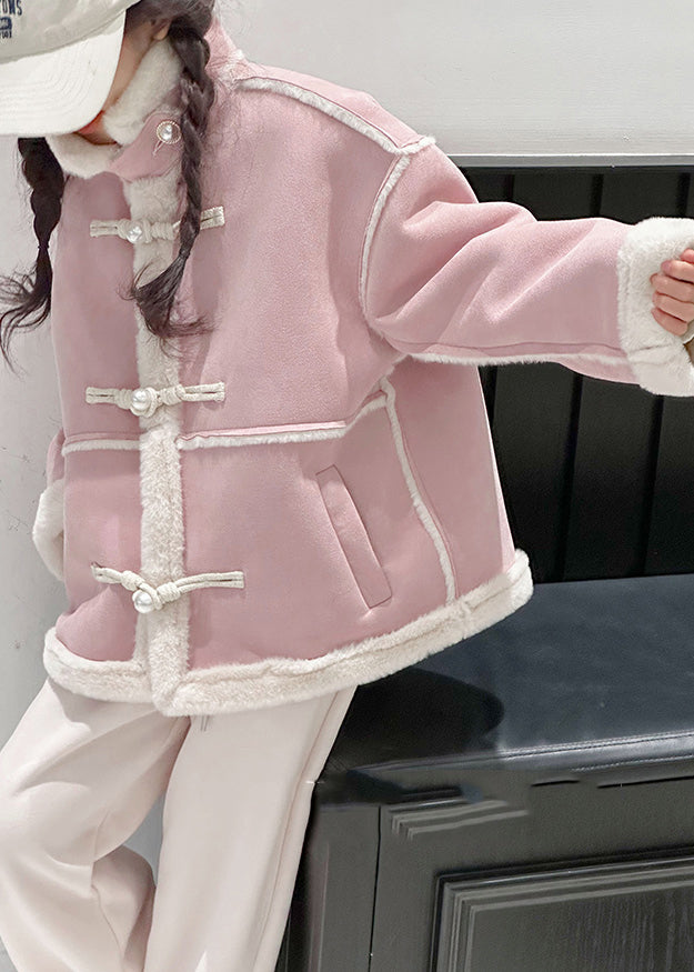 Modern Pink Stand Collar Patchwork Button Warm Fleece Kids Coats Winter