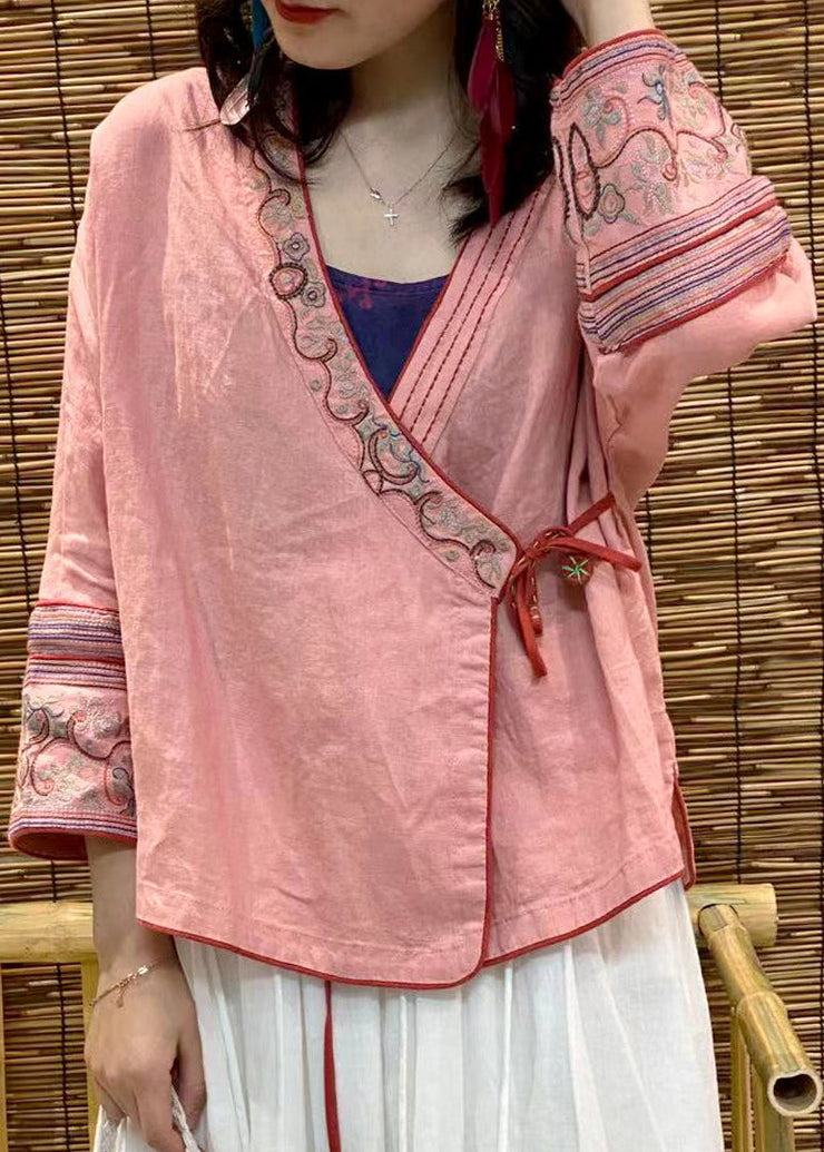 Modern Pink V Neck Embroideried Floral Linen Tops Long Sleeve