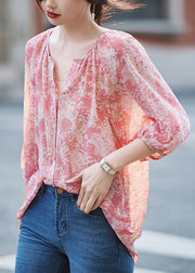 Modern Pink V Neck Print Button Shirt Long Sleeve