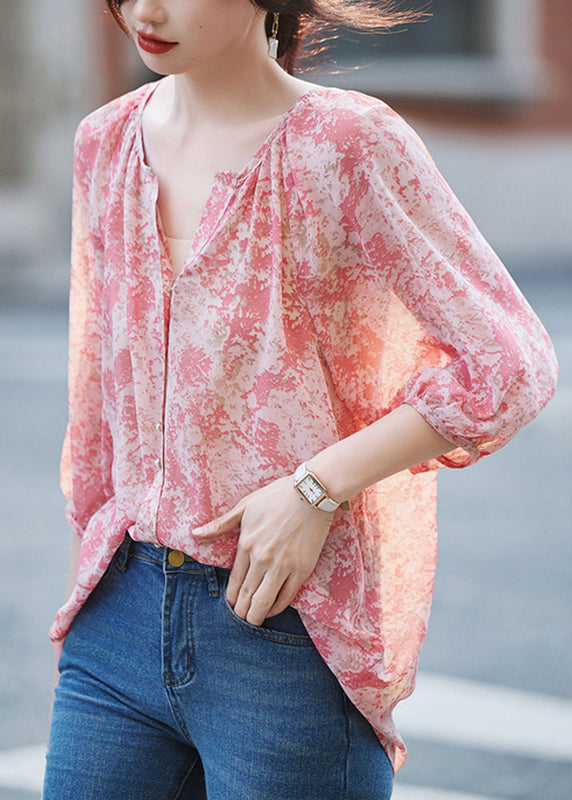 Modern Pink V Neck Print Button Shirt Long Sleeve