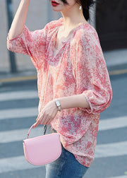 Modern Pink V Neck Print Button Shirt Long Sleeve