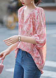 Modern Pink V Neck Print Button Shirt Long Sleeve