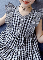 Modern Plaid V Neck Patchwork Button Cotton Kids Mid Dress Summer