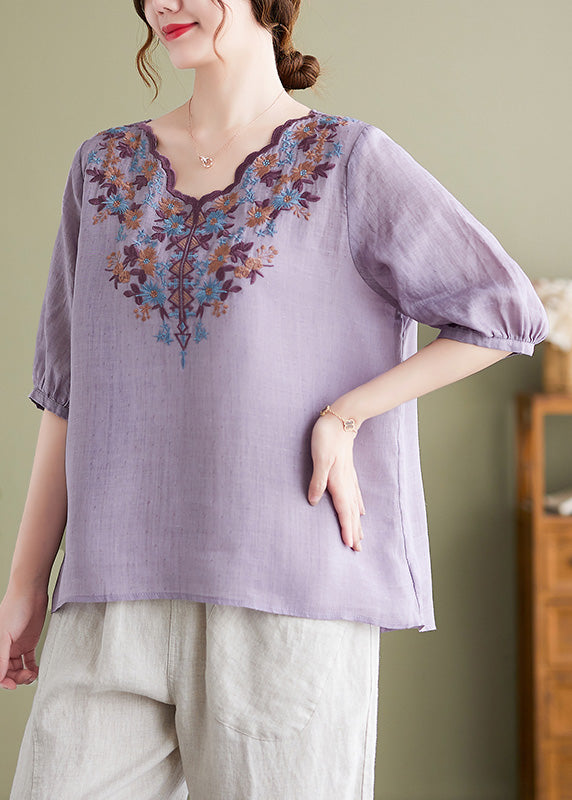 Modern Purple Embroideried Cotton Top Summer