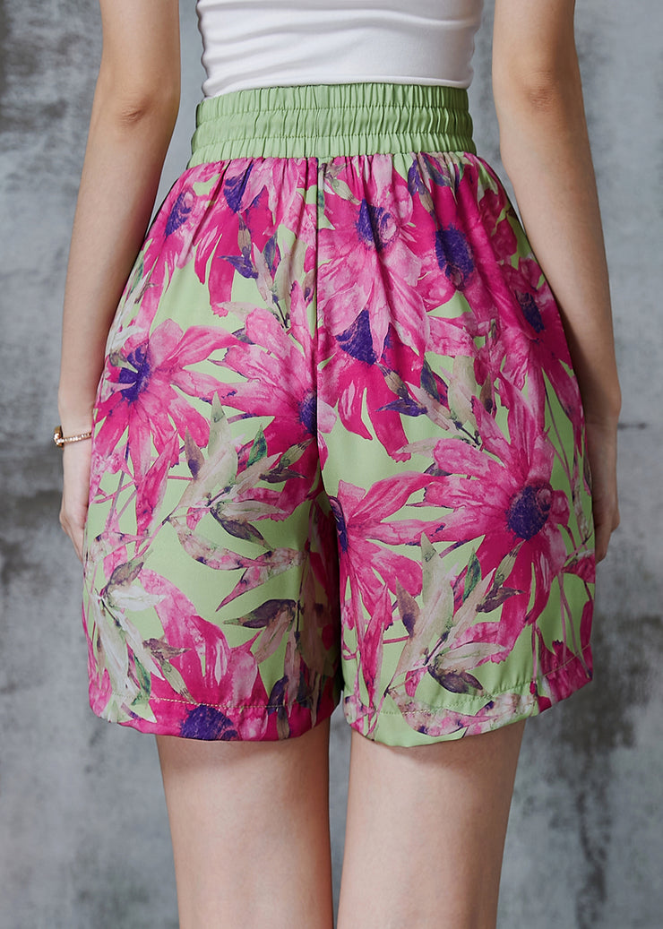 Modern Purple Floral Elastic Waist Cotton Shorts Summer