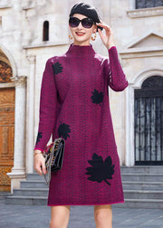 Modern Purple High Neck Maple Leaves Jacquard Knit Long Sweater Winter