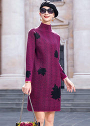 Modern Purple High Neck Maple Leaves Jacquard Knit Long Sweater Winter