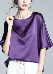 Modern Purple O-Neck Solid Silk Top Short Sleeve