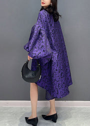 Modern Purple O Neck Wrinkled Patchwork Cotton Dress Lantern Sleeve