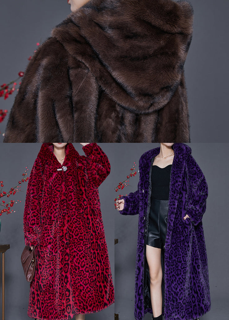 Modern Purple Oversized Print Faux Fur Coat Spring