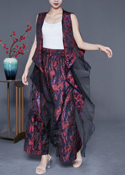 Modern Purple Red Asymmetrical Design Jacquard Silk Two Pieces Set Summer