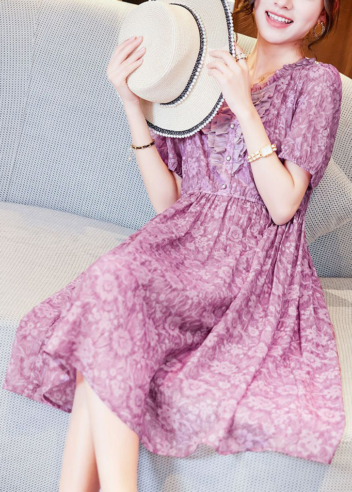 Modern Purple Ruffled Print Chiffon Holiday Dress Summer