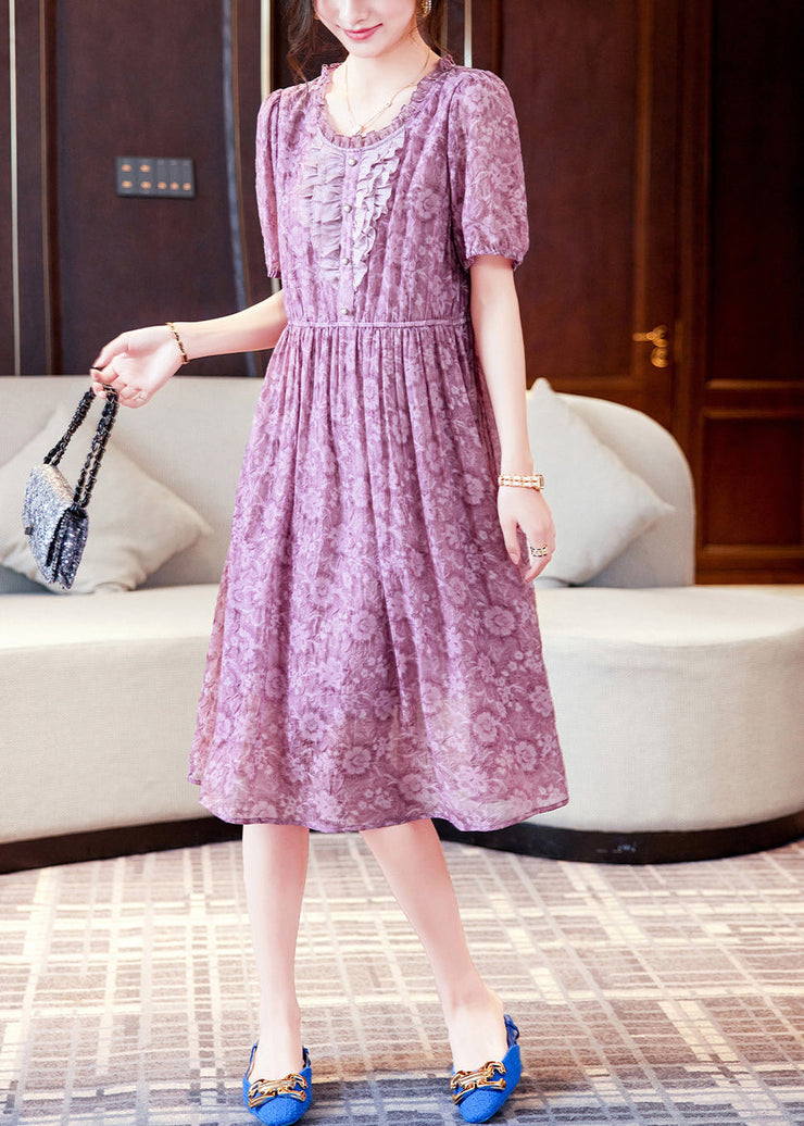 Modern Purple Ruffled Print Chiffon Holiday Dress Summer