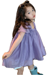 Modern Purple Slash Neck Patchwork Wrinkled Solid Chiffon Girls Mid Dress Summer