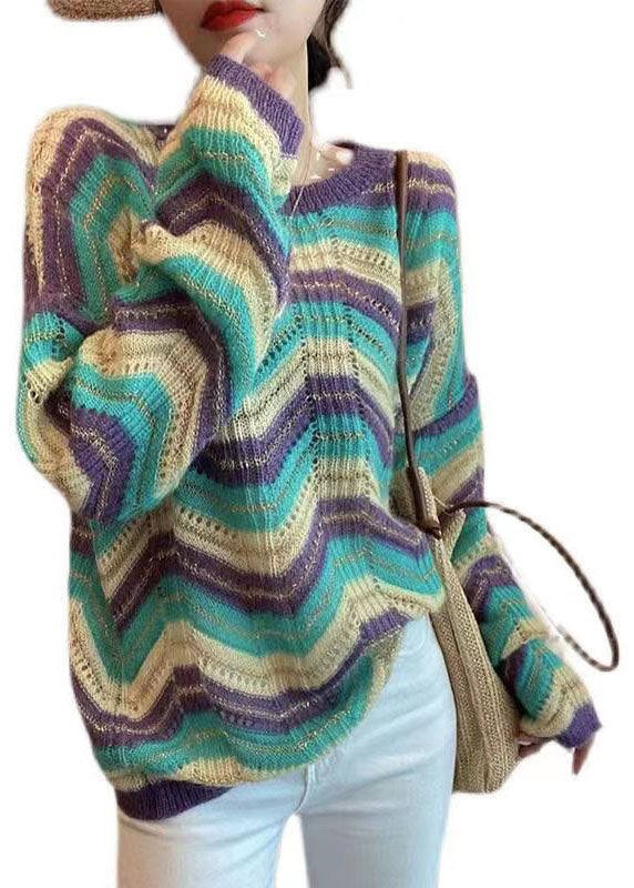 Modern Purple Striped Hollow Out Cotton Knit Sweater Fall