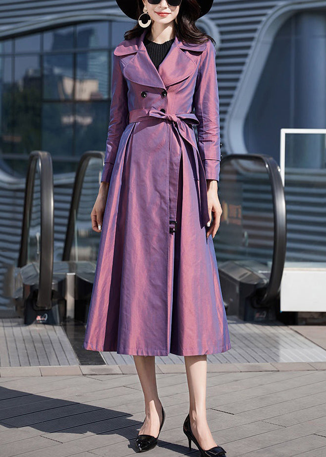 Modern Purple Tie Waist Button Cotton Long Trench Coat Long Sleeve