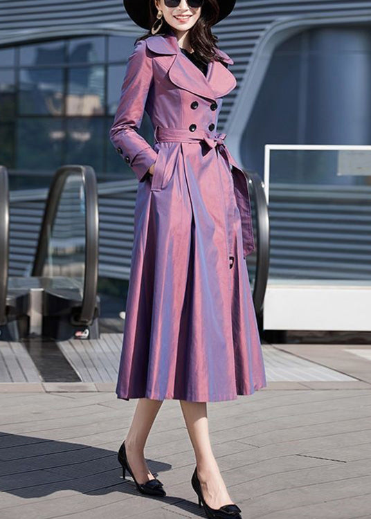 Modern Purple Tie Waist Button Cotton Long Trench Coat Long Sleeve