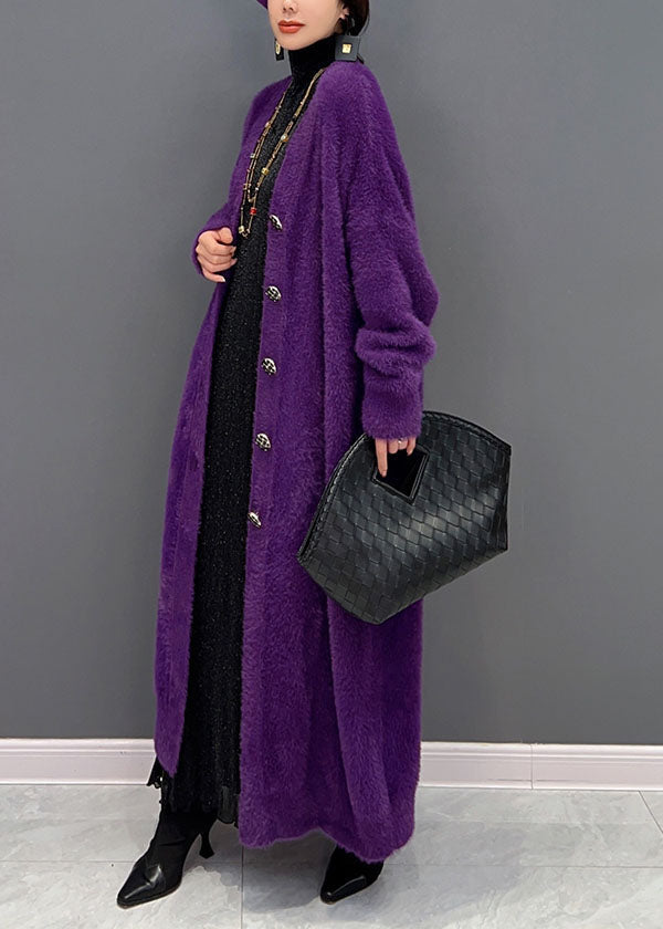 Modern Purple V Neck Oversized Thick Mink Hair Knitted Long Cardigan Winter