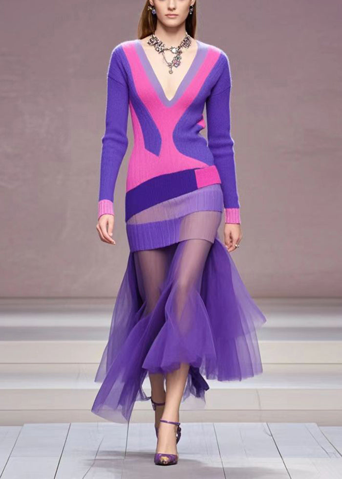 Modern Purple V Neck Patchwork Tulle Long Knit Dress Fall