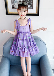 Modern Purple V Neck Print Ruffled Patchwork Kids Chiffon Slip Mid Dress Summer