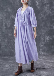 Modern Purple V Neck Wrinkled Cotton Holiday Dresses Summer