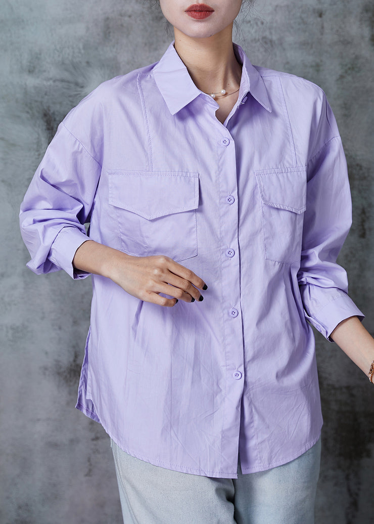 Modern Purple Wrinkled Pockets Cotton Blouse Tops Summer