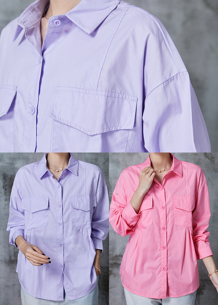 Modern Purple Wrinkled Pockets Cotton Blouse Tops Summer