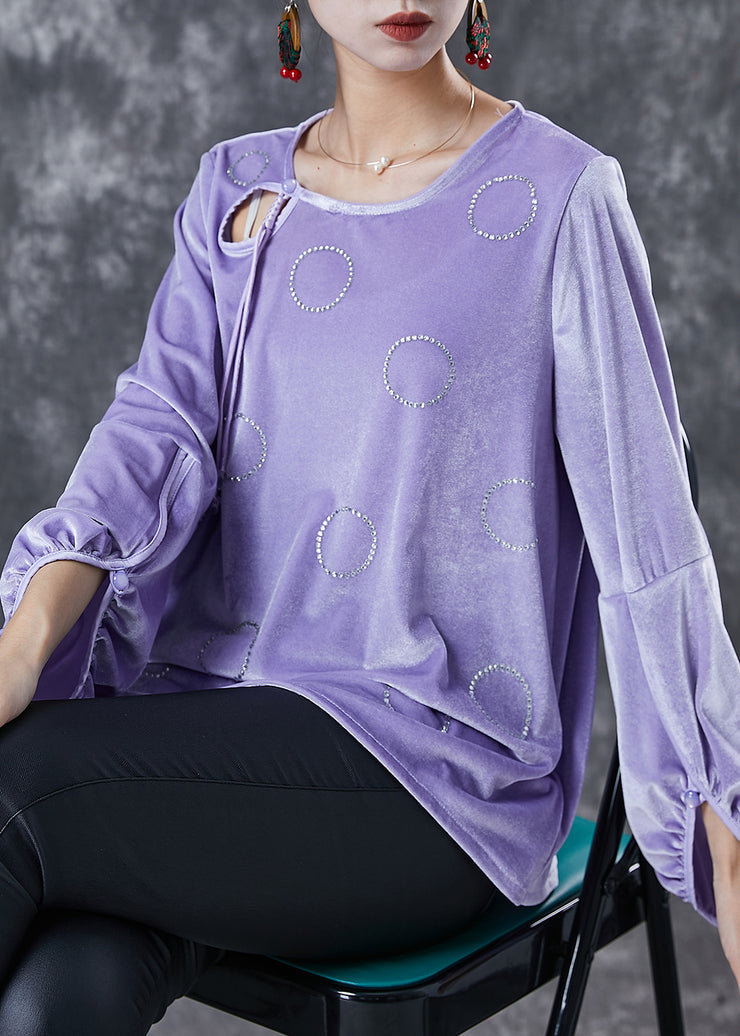 Modern Purple Zircon Hollow Out Silk Velour Tops Fall