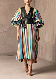 Modern Rainbow Striped Patchwork PU Cotton Dress Puff Sleeve