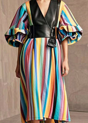 Modern Rainbow Striped Patchwork PU Cotton Dress Puff Sleeve