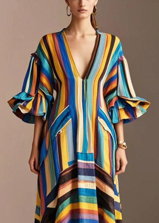 Modern Rainbow V Neck Striped Cotton Maxi Dresses Petal Sleeve