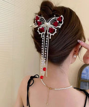 Modern Red Alloy Pearl Zircon Butterfly Tassel Hairpin