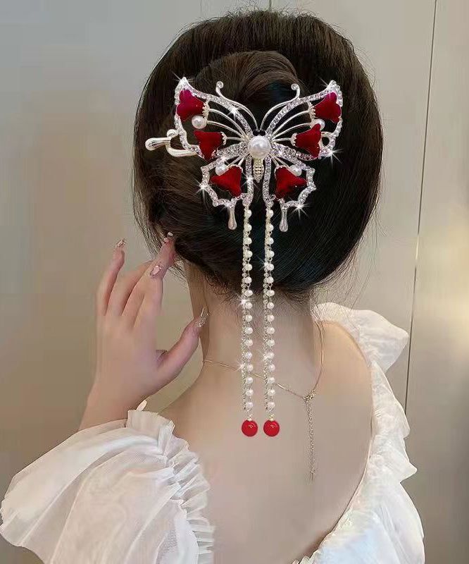 Modern Red Alloy Pearl Zircon Butterfly Tassel Hairpin