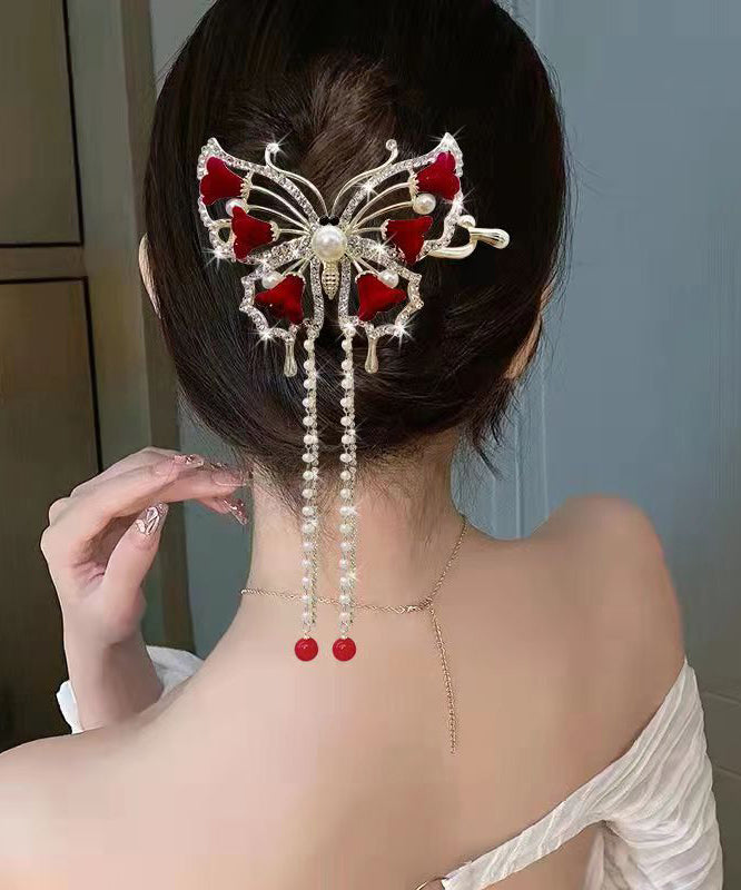 Modern Red Alloy Pearl Zircon Butterfly Tassel Hairpin