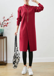 Modern Red Asymmetrical Side Open Knit Maxi Dress Fall