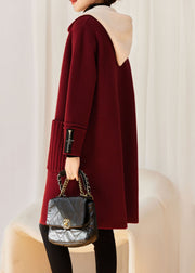 Modern Red Drawstring Button Woolen Hoodies Coats Long Sleeve