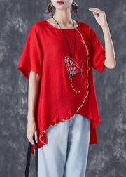 Modern Red Embroideried Butterfly Patchwork Ruffled Cotton Tops Summer